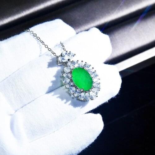 Luxury Jewelry Full Inlay Crystal Oval Green Zircon S92 5 Silvery Pendant Necklace Female Wedding Party Accessory Wholesale