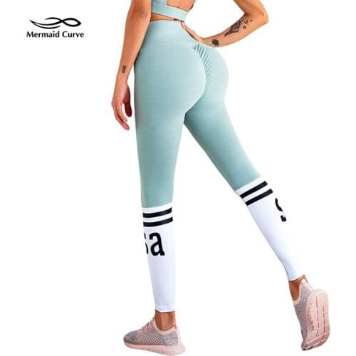 Mermaid Curve Gym Stripe Patchwork Running Training Legging Breathable Quick-Drying Letter Sports Women High Waist Yoga Pant