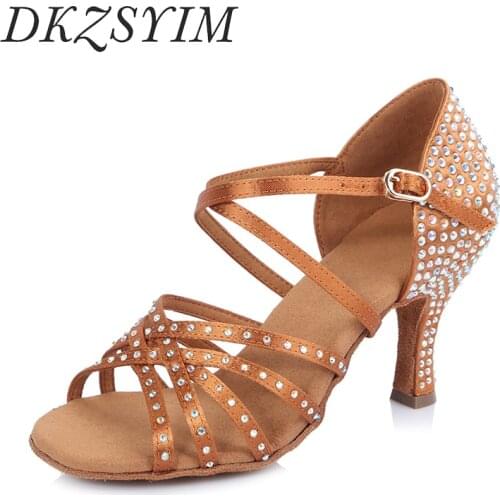 DKZSYIM Women Party Dance Shoes Satin Shining Rhinestones Ballroom Dance Salsa Dance Shoes Heels 6.5CM Girls Dance Sandals Soft