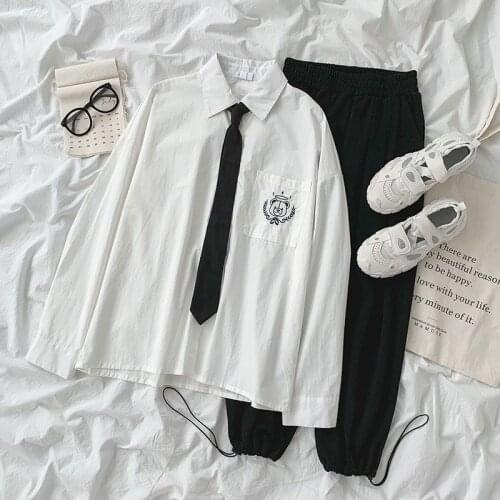 2021 Summer New Women Suit Japanese College Fashion Suit Womens Long Sleeve Shirt with Tie High Waist Casual Pants Two Piece Set