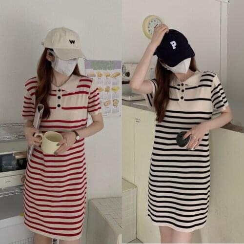 Female Temperament Polo Collar Striped Short-sleeved Dress Female Summer New Korean Style Loose and Thin Casual Short Skirt