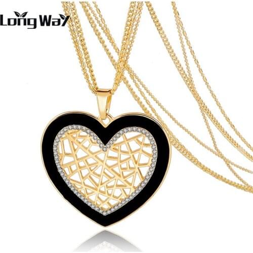 LongWay Retro Heart Crystal Necklace Women Long Gold Color Silver Color Love Vintage Multilayer Necklaces Female Sne160122