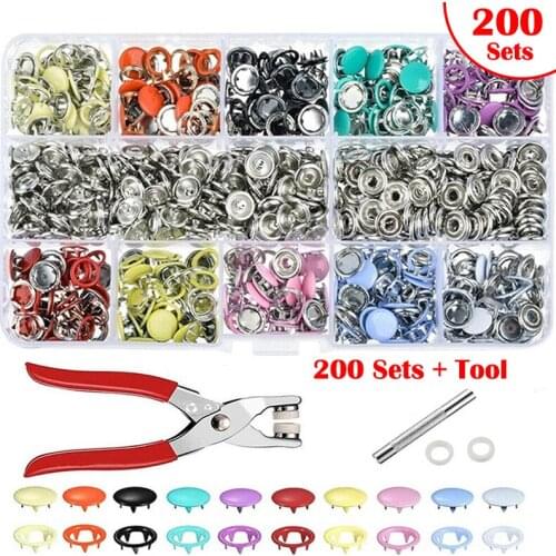 200/100Set Colorful Metal Prong Ring Snap Button for Crafts Clothing Leather Wallet Snap Fasteners Finxing Tool Plier DIY Sewing