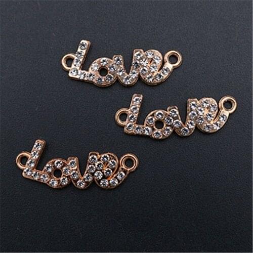 WKOUD 6pcs Kc Golden Handmade Rhinestone Love Charm Fashion Bracelet Necklace DIY Metal Jewelry Alloy Connectors A1500