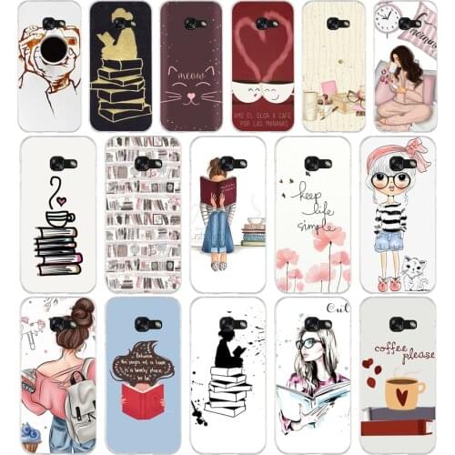 88AA Book Girl Heart Coffee Soft Silicone Tpu Cover phone Case for Samsung A3 A5 A7 A8 2016 2017 2018 A50