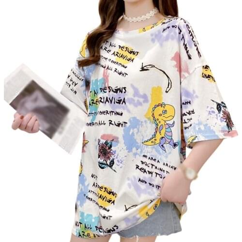 Short-sleeved T-shirt Womens Spring And Summer Loose Round Neck Clothes Graffiti Loose Tee Top