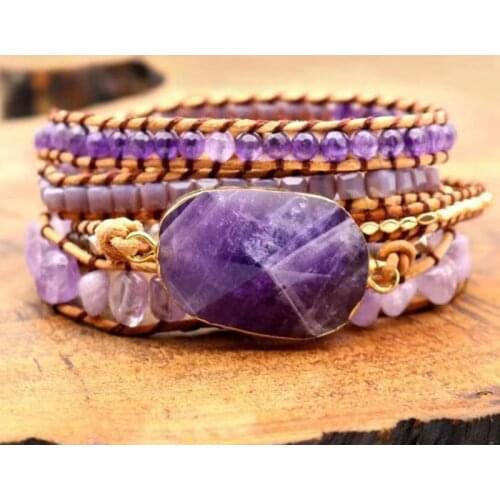 4Unik Leather Wrap Bracelet Women Boho Purple Amethyst Bracelet Purple Crystal Beaded Bracelet Anniversary Gift Jewelry 4UN-B506