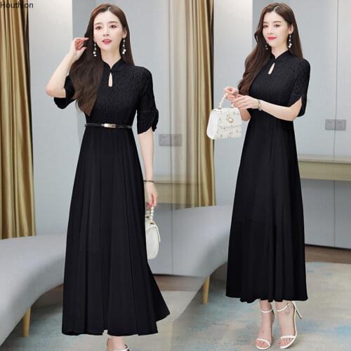 Houthion Lace Dress Casual Fashion Dresses 2021 New Short Sleeve Hollow Out Elegant Draw Back Thin High-end Ankle-Length