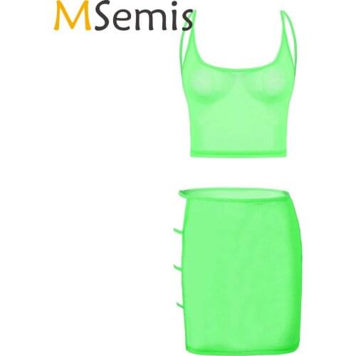 Summer Women Skinny See-through Mesh Lingerie Suit Hollow Out Backless Crop Top with Mini Skirt Exotic Costume Partywear