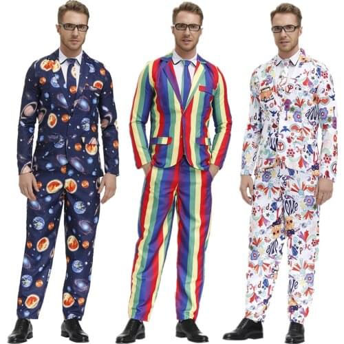 Mens Funny Pattern Suits Halloween Costume For Adult Men Planet Jacket Pants T Shirt Suits Carnival Party Outfit