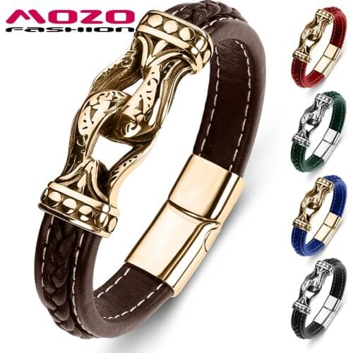 MOZO FASHION Wholesale Punk Men Multi Color Genuine Leather Stainless Steel High Quality Handmade Gift For Cool Boy Jewelry 081