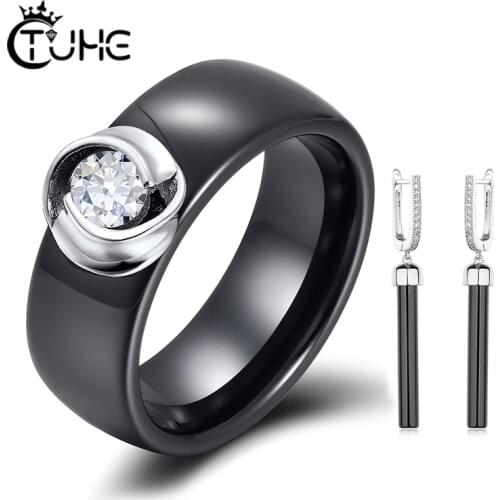 New 8mm Real Ceramic Rings Classic Black White Ceramic With Long Drop Earrings For Women Girl Engagement Jewelry Set Top Quality