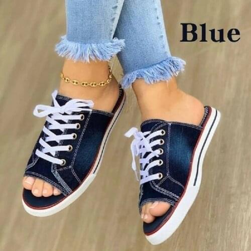 Fashion Denim Beach Female Slipper Summer Women Classic Canvas Sandals Breathable Lace Up Open Toe Plus Size Ladies Flat Shoes