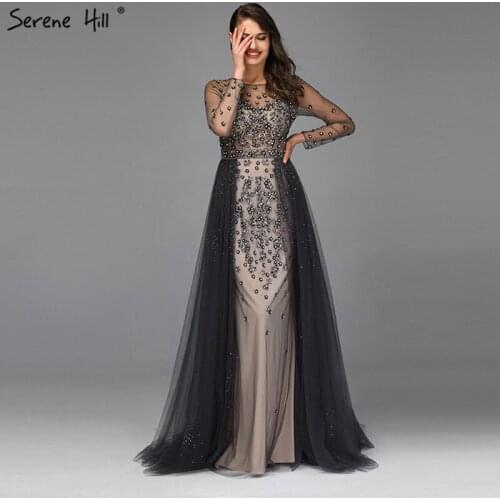 Grey Long Sleeve Sexy O-Neck Prom Dress 2020 Mermaid Diamond Beading With Train Prom Dress Real Photo BLA70076