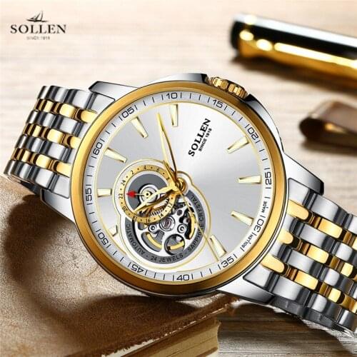 SOLLEN Luxury Brand Automatic Male Watch Mechanical Mens Watches Steel Strap Clock Sapphire crystal Dial Window Watch