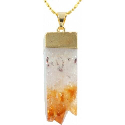 SUNYIK Natural Yellow Crystal Quartz Drusy Cluster Gem Stone Cubic Golden Pendant DIY Jewerly(Free Chain)