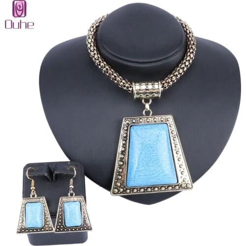 Vintage Luxury Palace Statement Necklaces Retro Geometric Big Gem Necklaces&Pendants Earring Jewelry Set For Women Gift Party