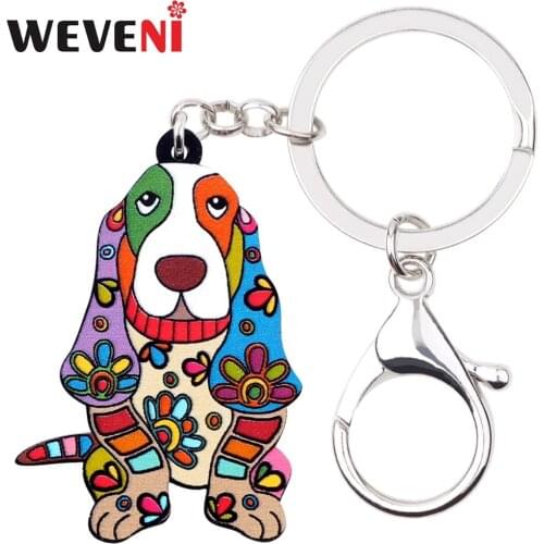 WEVENI Acrylic Anime Floral Basset Hound Dog Key Chain Pendant Rings Trendy Animal Jewelry For Women Girl Kid Bag Car Charms