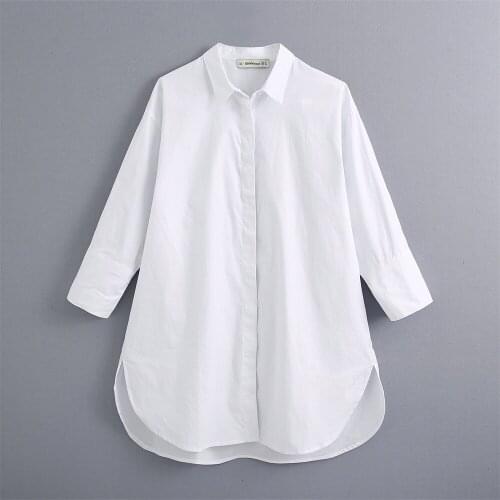 2020 summer womens new loose lapel wild long-sleeved button decoration poplin simple mid-length shirt