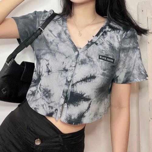 Woman T-shirts Vintage Y2K Crop Tops 90s Aesthetics Tie dye Sleeve White T-shirts Cute Streetwear Kawaii womens clothing 2021