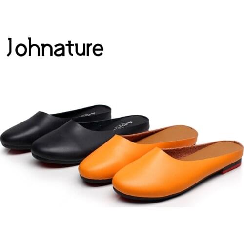 Johnature 2020 New Handmade Genuine Leather Round Toe Casual Soft Sole Comfortable Summer Outside Flat Woman Slippers Slides