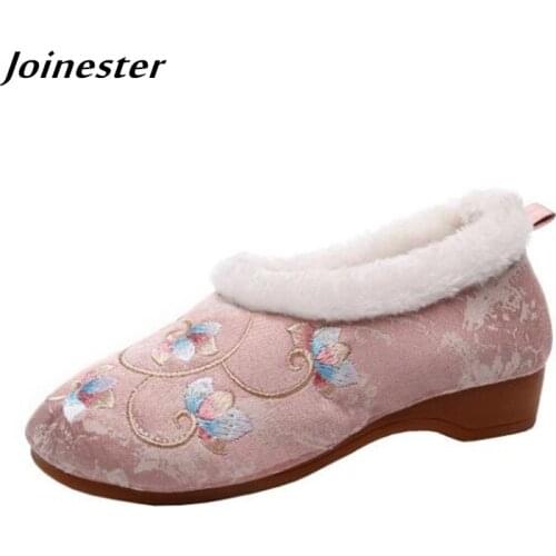 Slip-On Women Winter Fur Loafers Low-Heeled Ethnic Retro Flats Ladies Floral Embroidered Dress Shoe Vintage Female Outdoor Shoe
