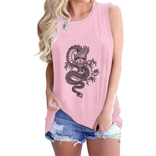 New Womens Round Neck Loose Classic Printing Python Dragon Vest Polyester Casual Loose Printing Plus Size Sleeveless T-shirt