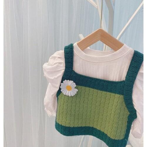 2021 Girls Spring Autumn New Korean Top Set Children Sweet Cute Rainbow Stripe Vest Solid Color Simple Knitted Top Two Piece Set