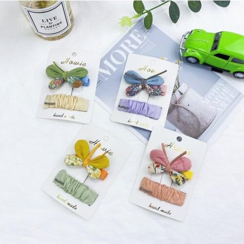 2pcs/card handmade deco Hair clip cloth floral bow with bangs clip solid color square BB clip princess ornaments accessories