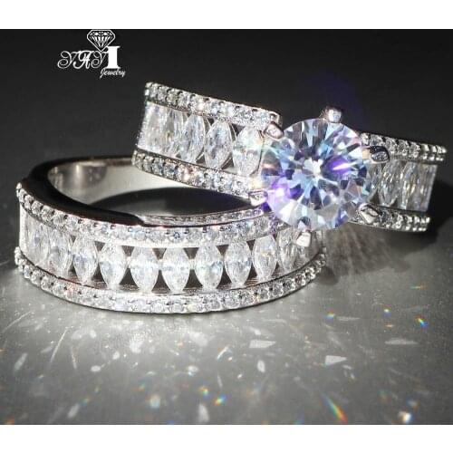 2 pcs YaYI Jewelry Fashion Princess Claw Cut White Cubic Zirconia Silver Color Engagement Wedding Party Leaves Gift Rings Set