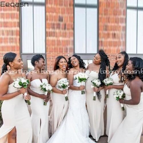 2021 African Mermaid Bridesmaid Dresses White Elastic Satin Women Maid of the Honor Side Slit Wedding Guest Dress