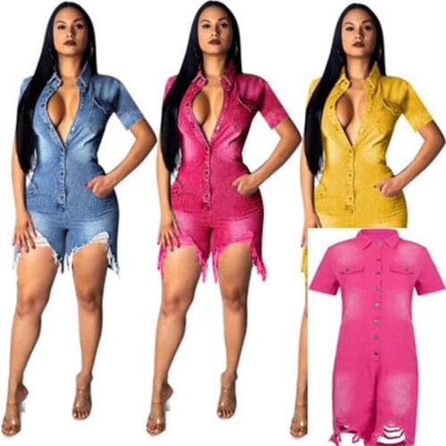 2021 Fashion Casual Denim Shorts European And American New Denim One-Piece Shorts Ripped Denim Shorts Jumpsuit