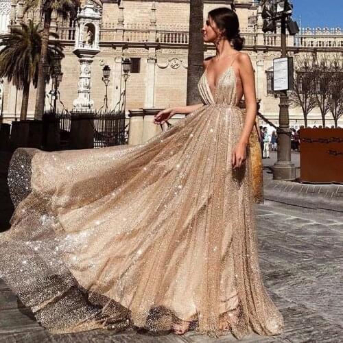 Sparkle Sequins Evening Dress 2020 Sexy V-neck Backless A-line Prom Dresses For Girls платье Custom Size vestidos LE40768