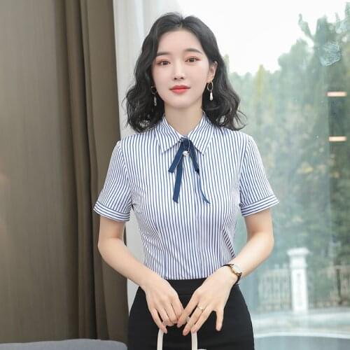 Elegant Striped Short Sleeve Blouses Shirts for Women Business Work Wear Blouse Ladies Office Work Wear Clothes Tops with Tie