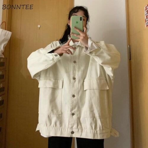 Basic Jackets Women Outwear Harajuku Loose Leisure BF Ulzzang Solid Chic Pockets Single-breasted Autumn New Students Denim Coats