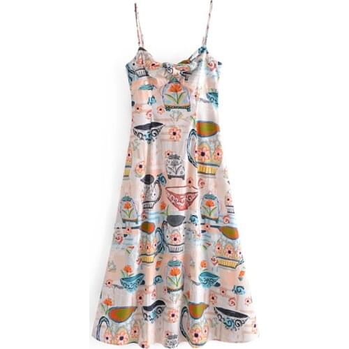 Summer 2021 Women Floral Printed Spaghetti Strap Dress Square Neck Sleeveless Bow Tie Party Dress Beach Backless Dresses