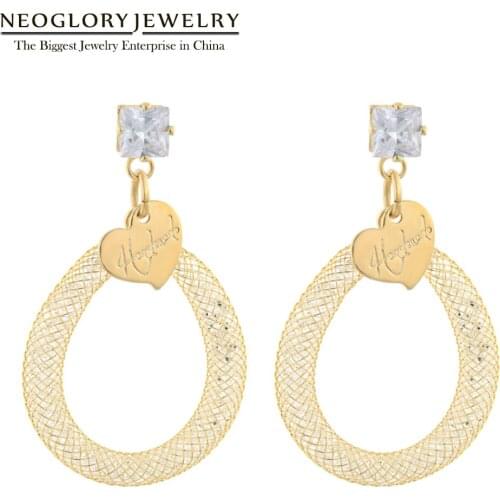 Neoglory Anti Allergy Golden Square Zircon With Heart Drop Earrings For Women Charm Metal Mesh With Crystal Earring Gifts