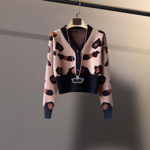 Korobov 2021 New Leopard Pattern Cardigans Women Vintage V Neck Long Sleeve OL Knitted Cardigan Autumn Korean Sweaters