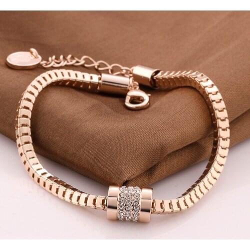 New Womens Rhinestone Rose Gold Crystal Bracelet Wheat Chain Charm Bracelet High Quality Alloy Bangle Jewelry Birthday Gifts