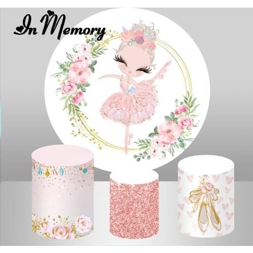Pink Girls Dance Ballerina Round Backdrop Cover Flowers Circle Kids Baby Shower 1st Birthday Party Background Plinth Covers