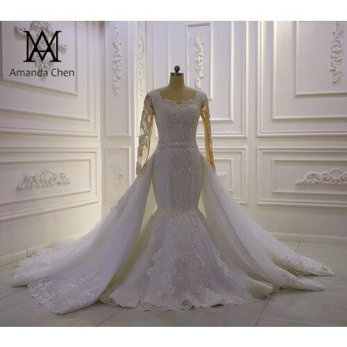 Long Sleeve Lace Appliques Detachable Skirt Wedding Dress