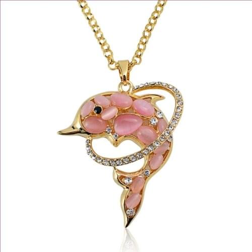 Light Yellow Gold Color Dolphin Shape Cat Eye Stone Pendant Link Chain Necklace with Rhinestone Animal Jewelry
