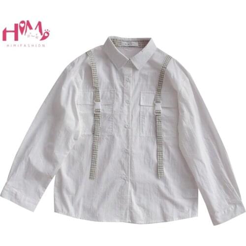 Streetwear White Shirts Women Harajuku Vintage Casual Button Up Kawaii Blouse Teen Girls Long Sleeve Cute Plaid Ribbon Tops 2020