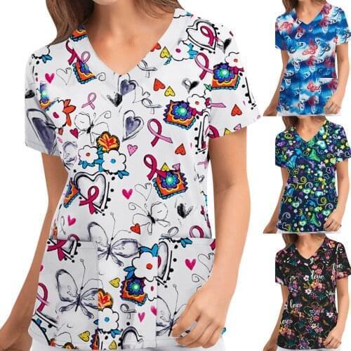 Nurse Uniform Tops V Neck Flower Heart Print T-shirts Short Sleeve Workwear Nuring Tops for Women with pocket Mukoti Yunifomu