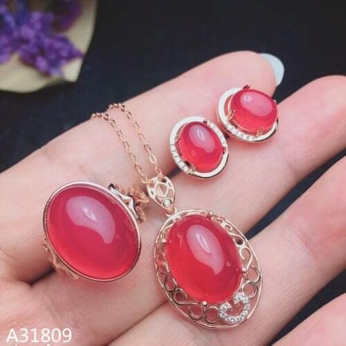KJJEAXCMY Boutique jewelry 925 pure silver inlaid natural red chalcedony womens suit ring pendant ear stud ellipse