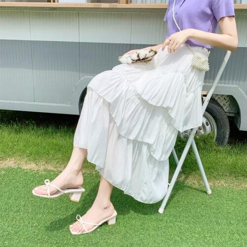 Korean Elegant Light Irregular Ruffle Skirt Women Summer High Waist Solid Long Cake Skirt Female