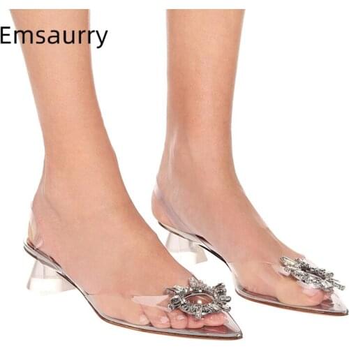 2021 New Summer Sunflower Buckle Sandals Women 4cm Clear Crystal Strange Heel Pointed Toe Transparent PVC Rhinestone Shoes Woman