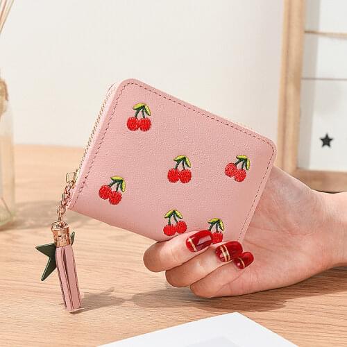 Cherry Embroidery Womens Wallet PU Leather Trend Short Small Wallet New Student Simple Fashion Wallet Zipper Coin Purse