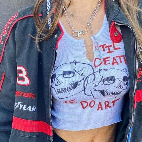 Square Collar Gothic Skull Print With Pin Buckles Tank Tops Women Skull Printed Streetwear Casual Stretchy Sleeveless Crop Top