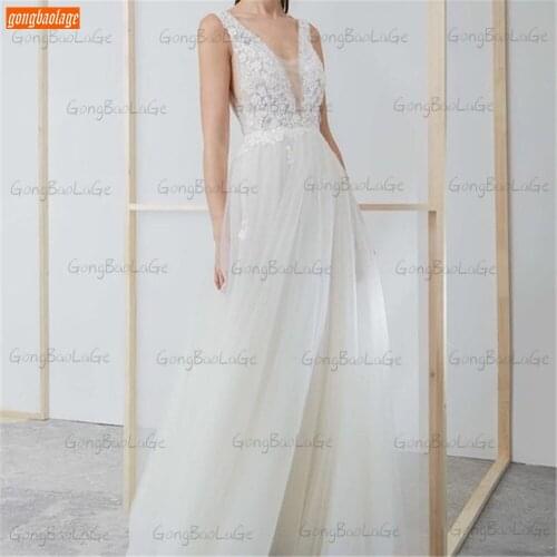 Bohemian Wedding Gowns Ivory 2021 V Neck robe de mariée A Line Tulle Lace Applique Open Back Long Bridal Dresses Customization